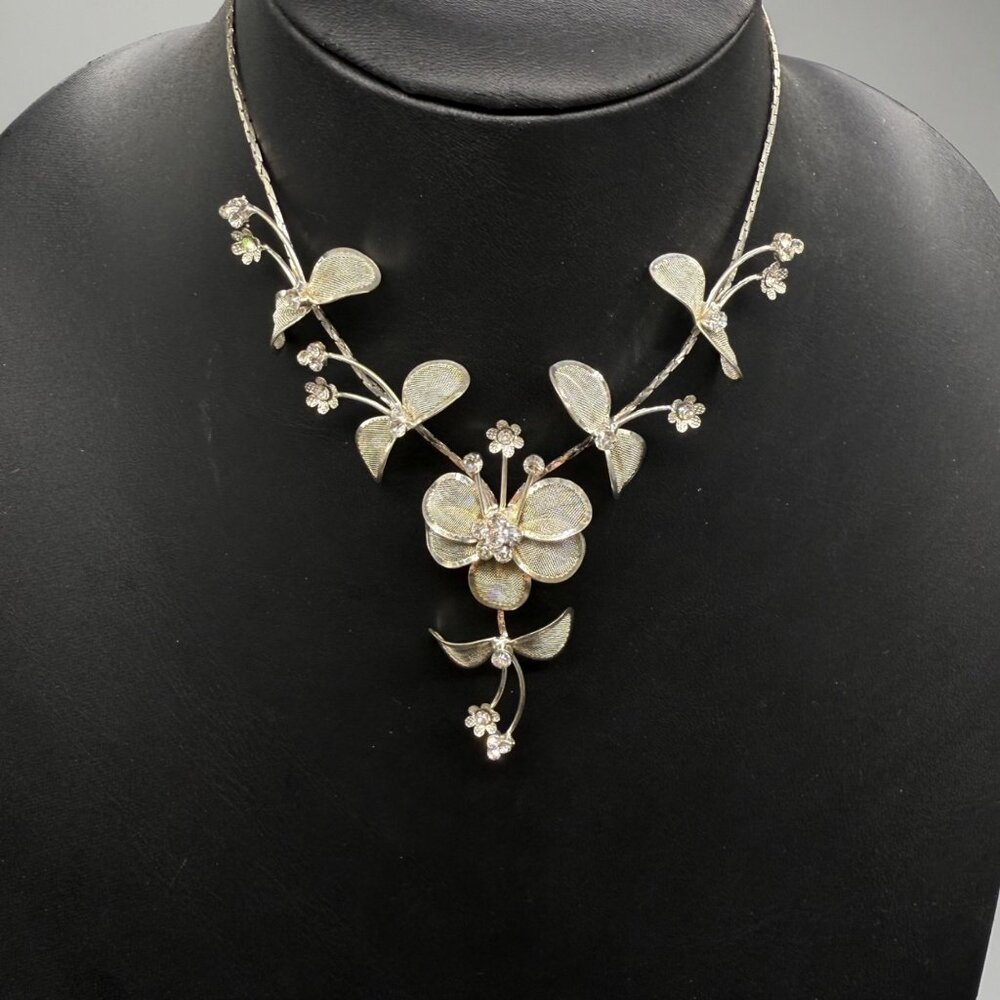Silver Floral Butterfly Necklace With Rhinestones & Adjustable Chain